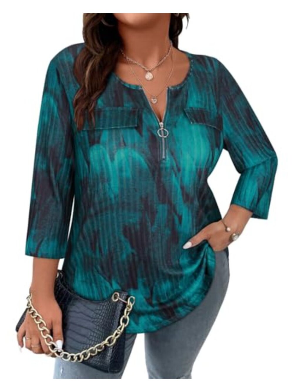 Plus Size Quarter Zip Ribbed Sweater Top 3/4 Sleeve V Neck Casual Blouse